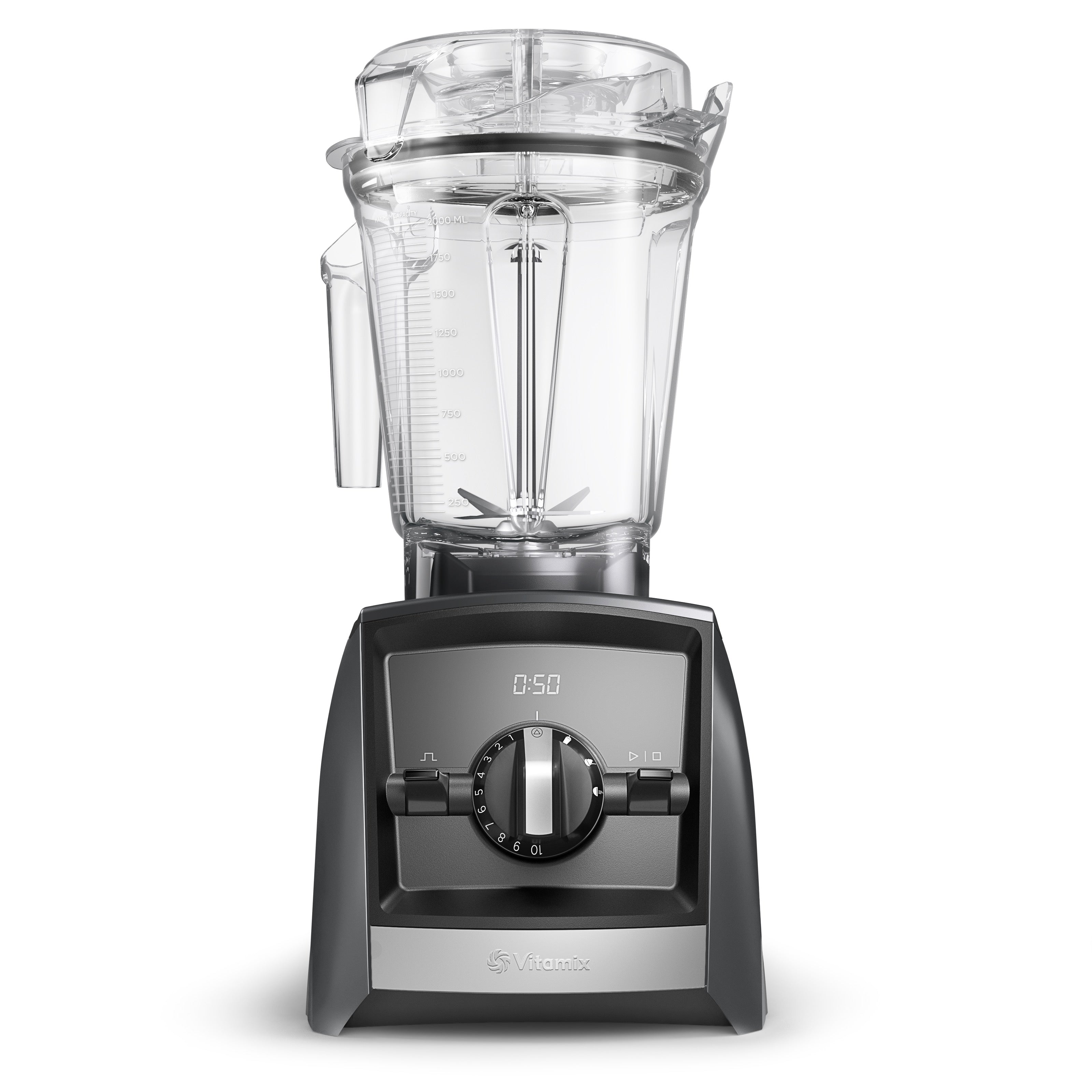 Vitamix Ascent A2500i in matte slate grey with 2.0L Interlock container - front product view showing timer display and intuitive controls