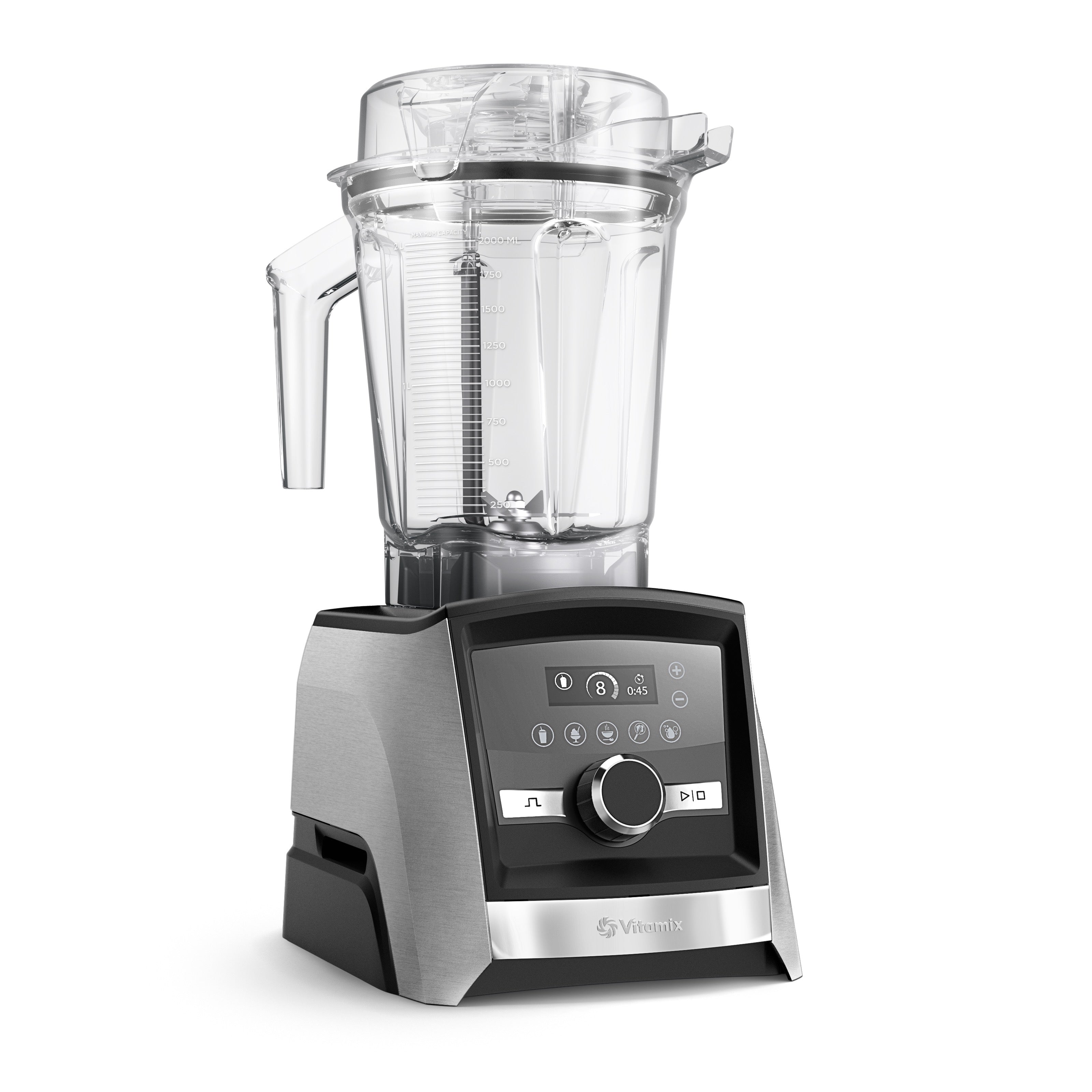 Vitamix Ascent A3500i in brushed stainless - right side perspective showing touch display with 5 programs and premium finish