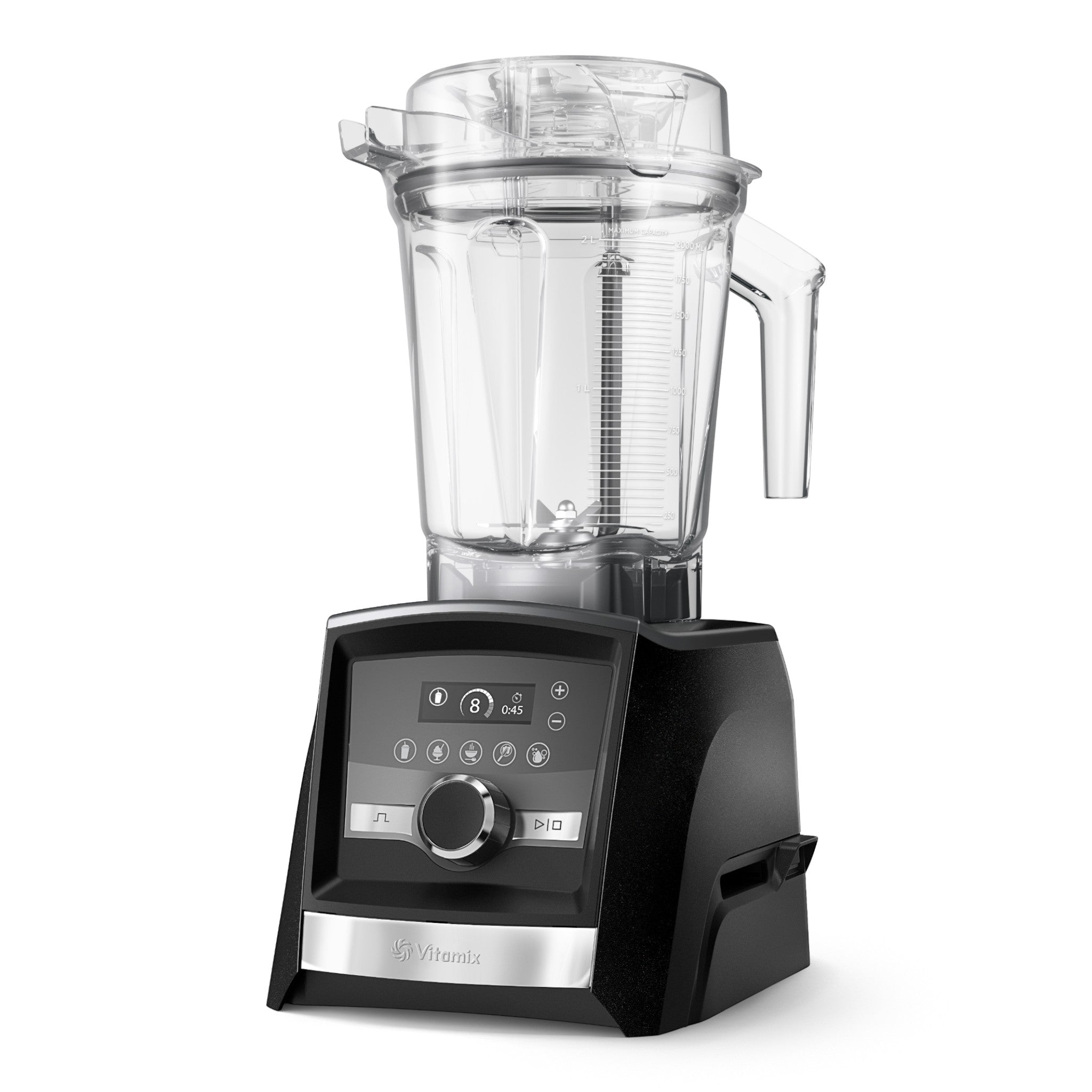 Vitamix Ascent A3500i in graphite with 2.0L Interlock container - elegant left side glamour view showcasing touch display with 5 automatic programs