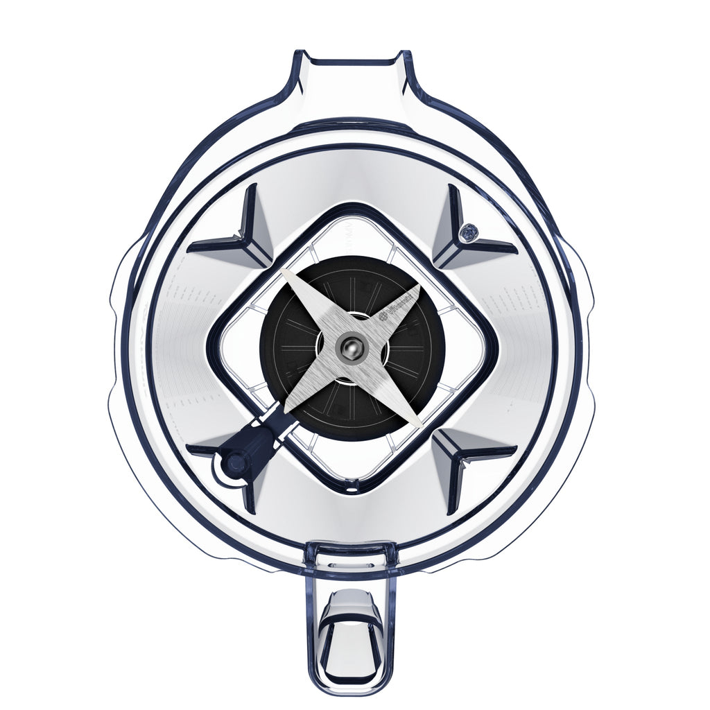 Vitamix 2.0 liter container lid with interlock system - top view showing central locking mechanism and blades